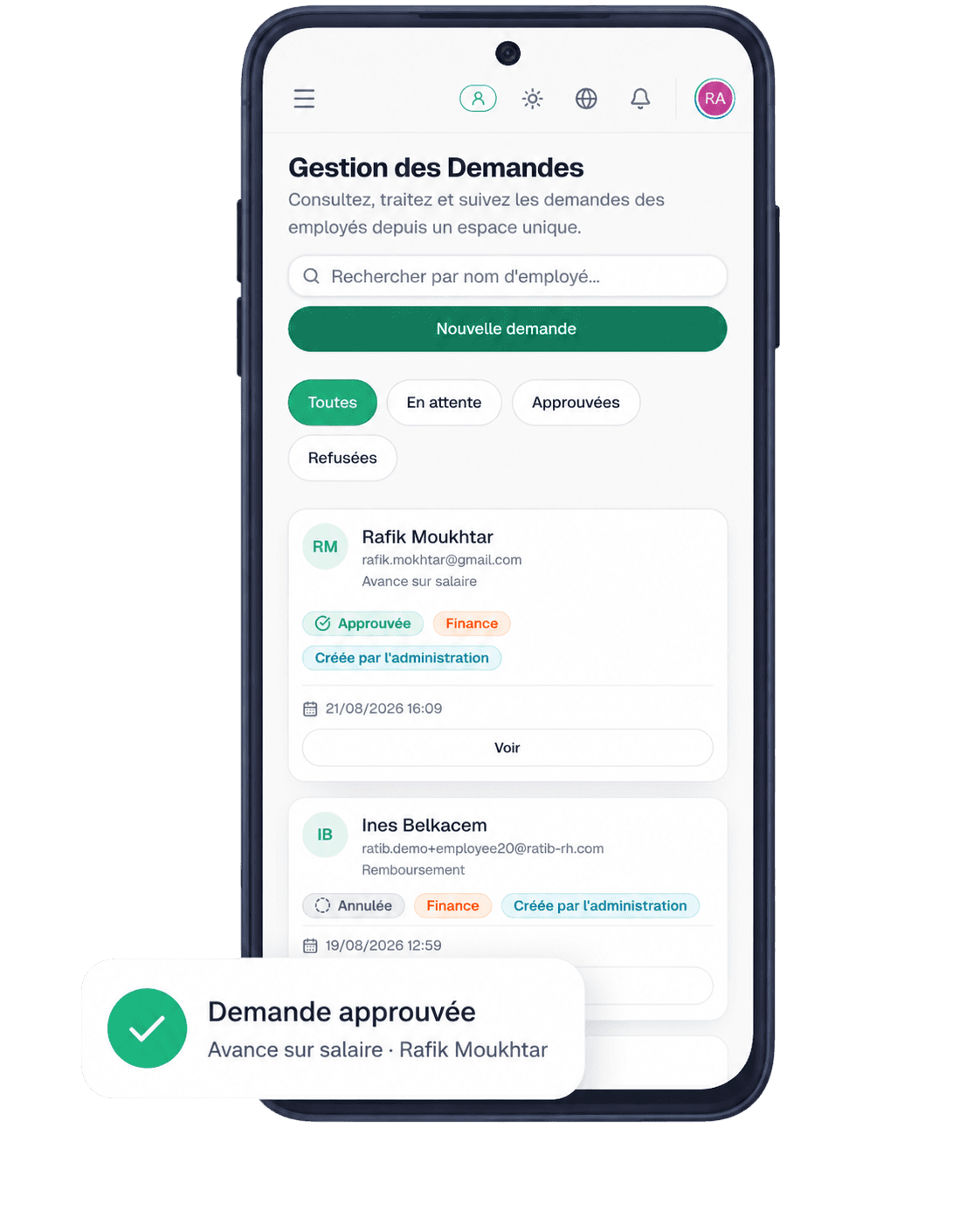 Aperçu de l’application mobile Android Ratib RH